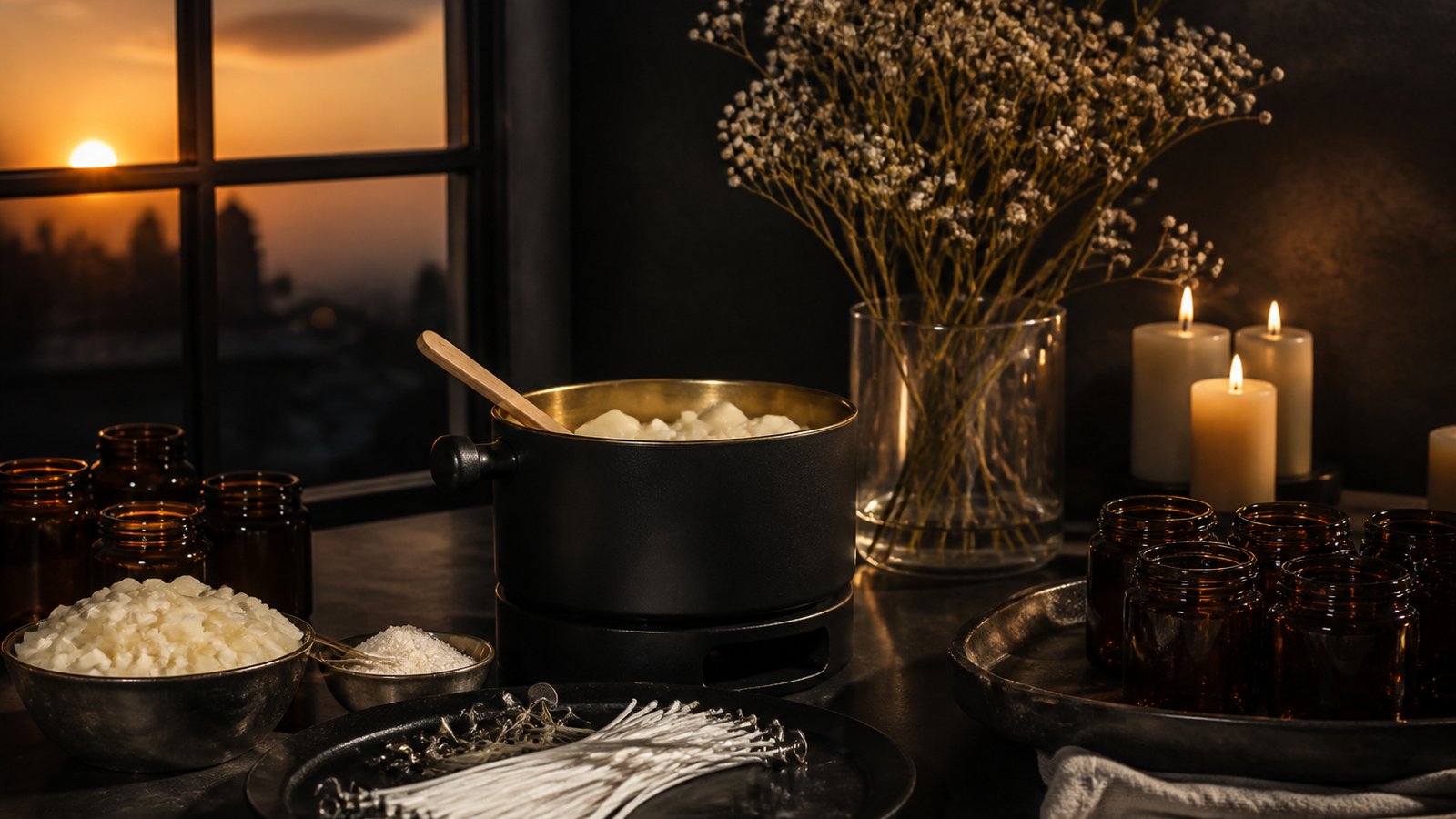 Candle making desk with soy wax and amber jars