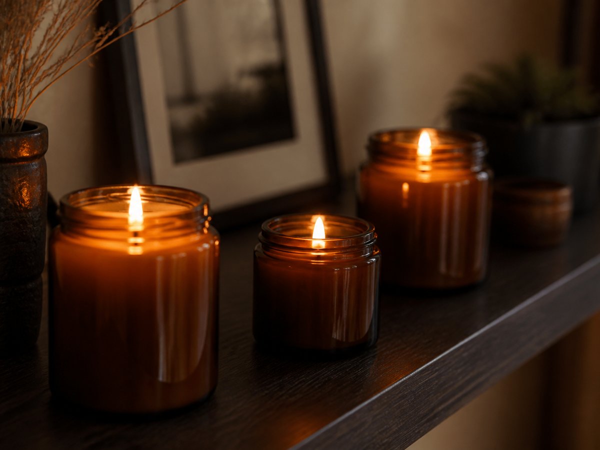 Lit soy candles in amber jars