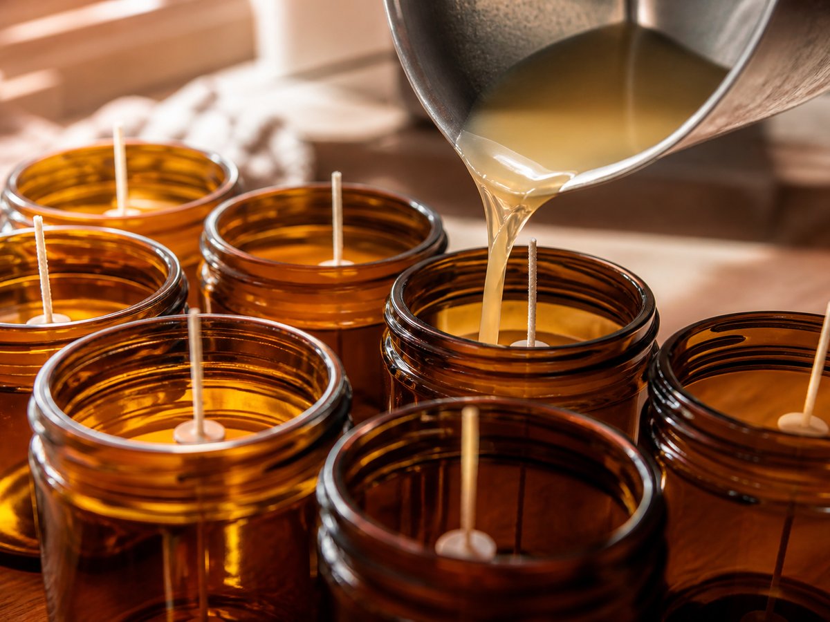 Pouring soy wax into amber jars